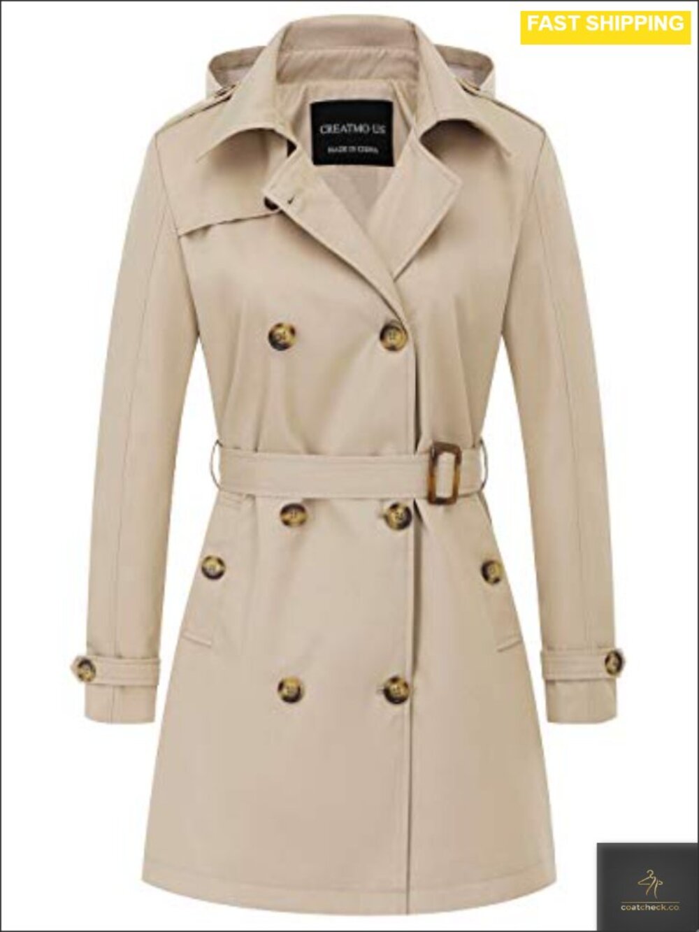 Women's Trench Coat Double-Breasted Belted Slim Overcoat with Detachable Hood